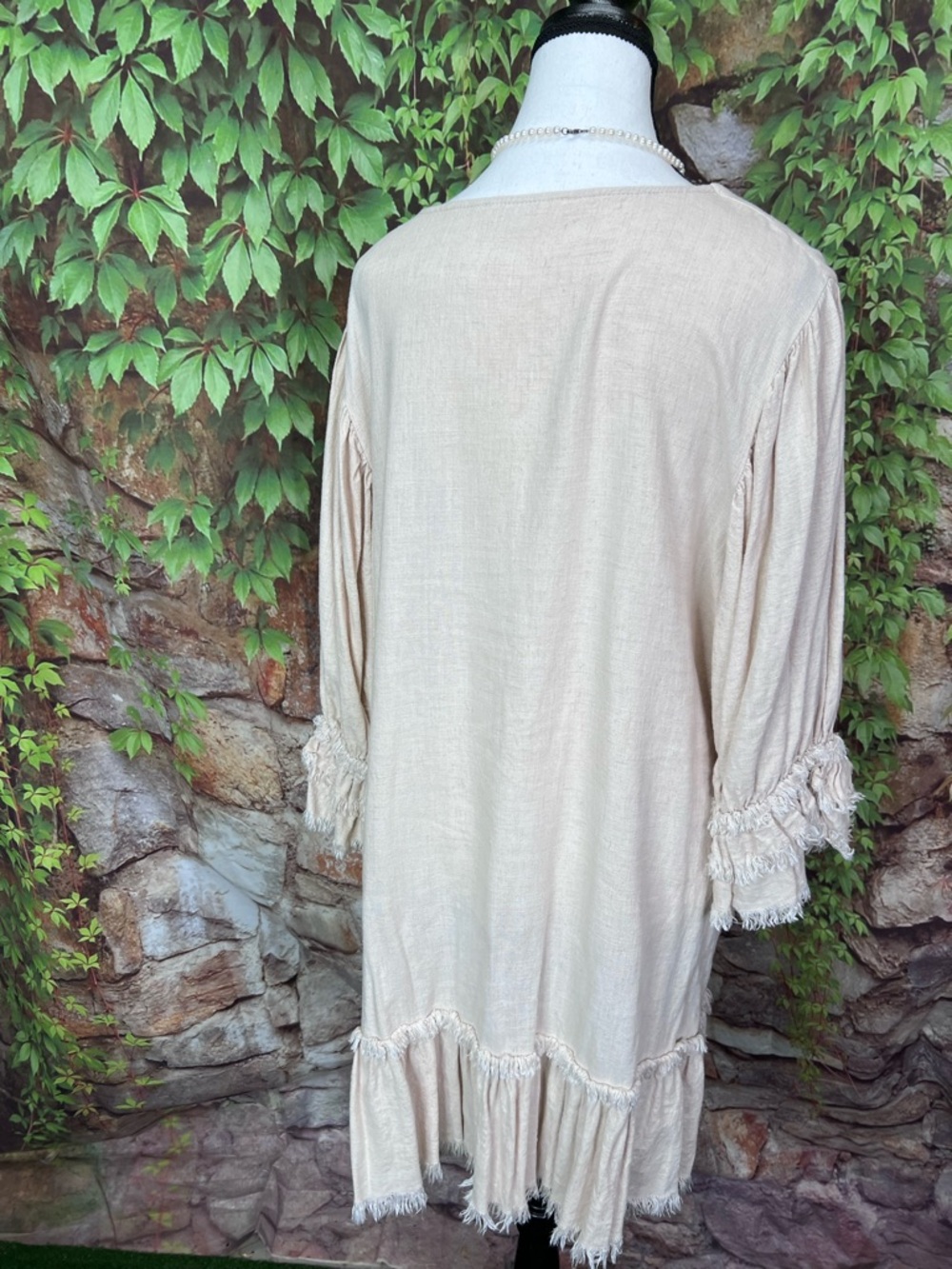 MAZIK Linen Blend Fringed Ruffle Trim Quiet Luxury Shift Dress, L - Picture 8 of 11